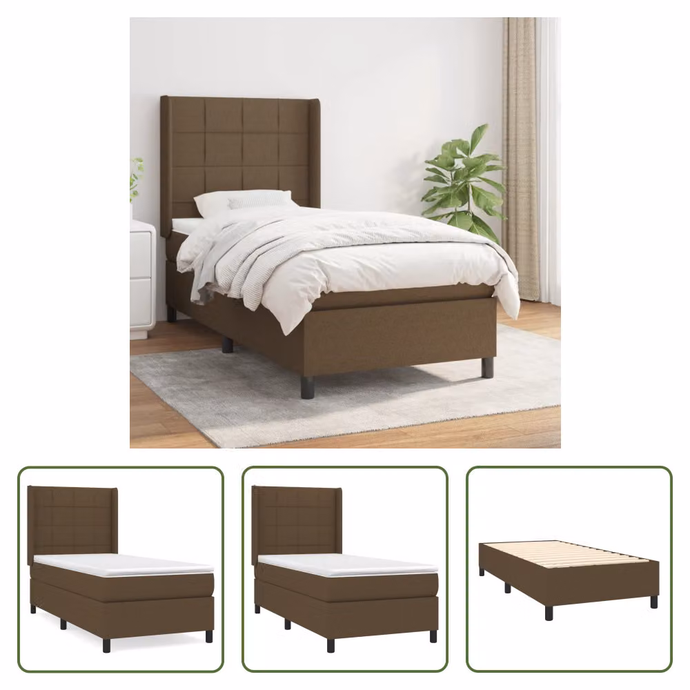 The Living Store Letto a molle con materasso marrone scuro 90x190 cm in tessuto