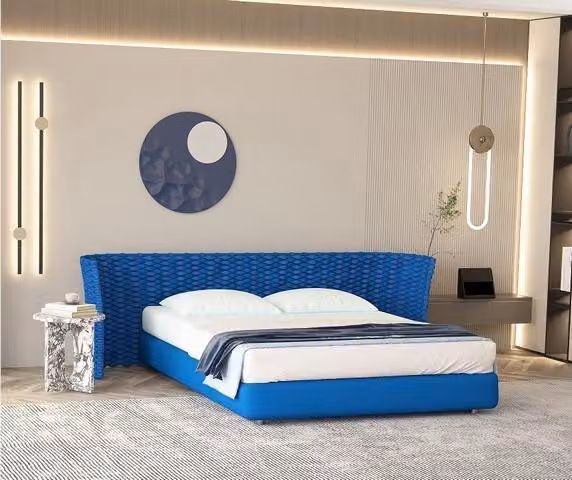 Modernes Bett Blau Gewebtes Design Polster Kopfteil Komfort Schlafzimmer