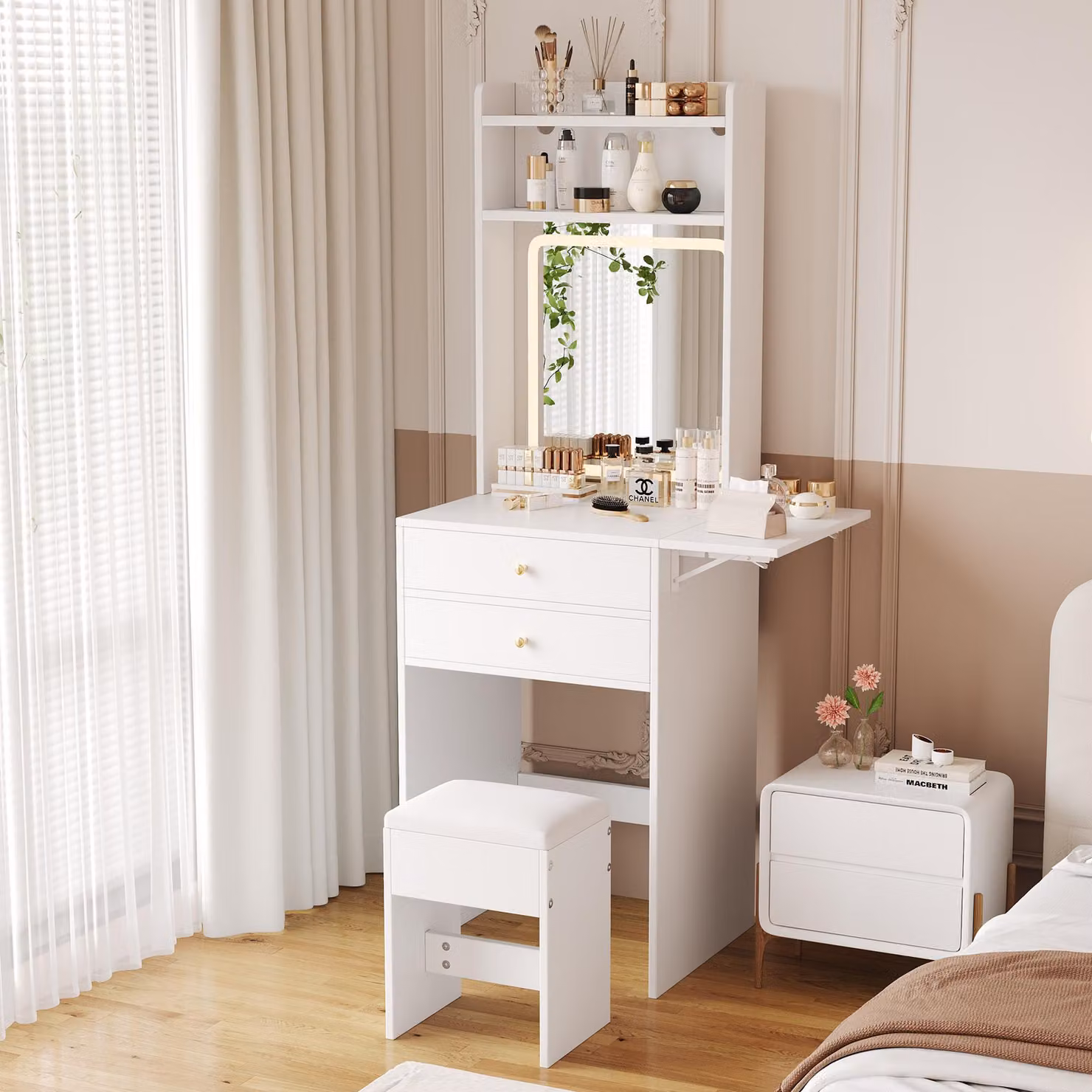 Tavolino da toilette Merax con specchio, illuminazione LED, luminosità regolabile, piano pieghevole, 2 cassetti, sgabello, tavolo cosmetico stretto, bianco