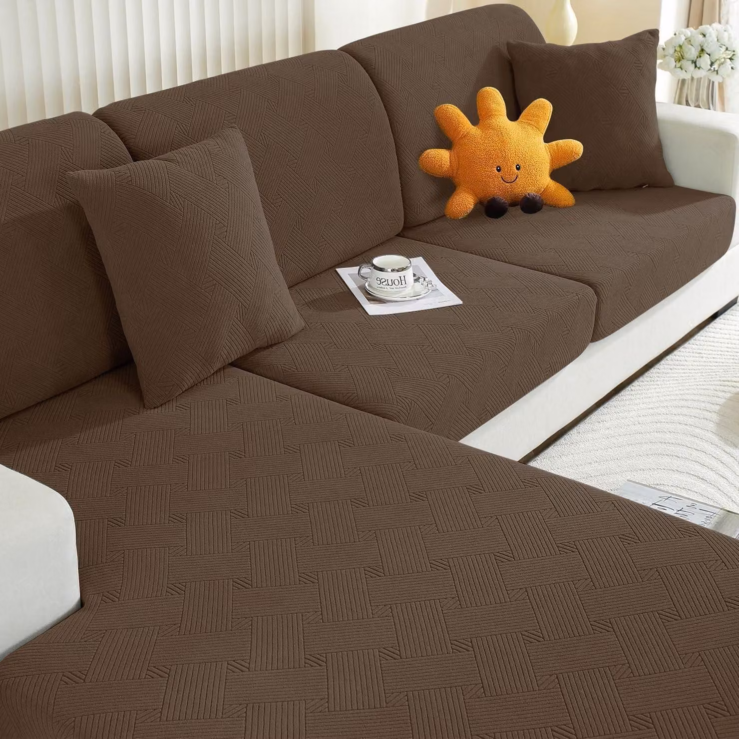 Copertura per cuscino da seduta elasticizzata, colore marrone, per 1 posto * 2 posti + chaise longue. Design geometrico, antiscivolo, protezione a 360°