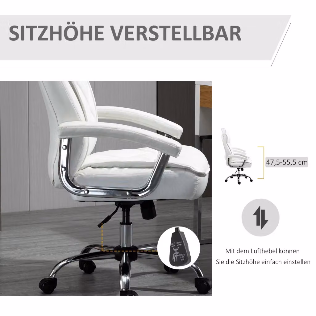 Sedia da ufficio ergonomica OKWISH in similpelle bianca con poggiatesta, base in metallo e ruote, H: 121 cm, L: 69 cm, P: 66 cm – 2