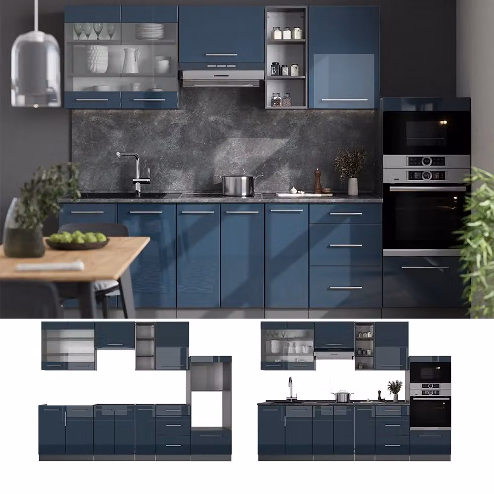 Cucina componibile moderna Fame-Line Vicco Blu scuro lucido e Antracite L: 280 cm – 2