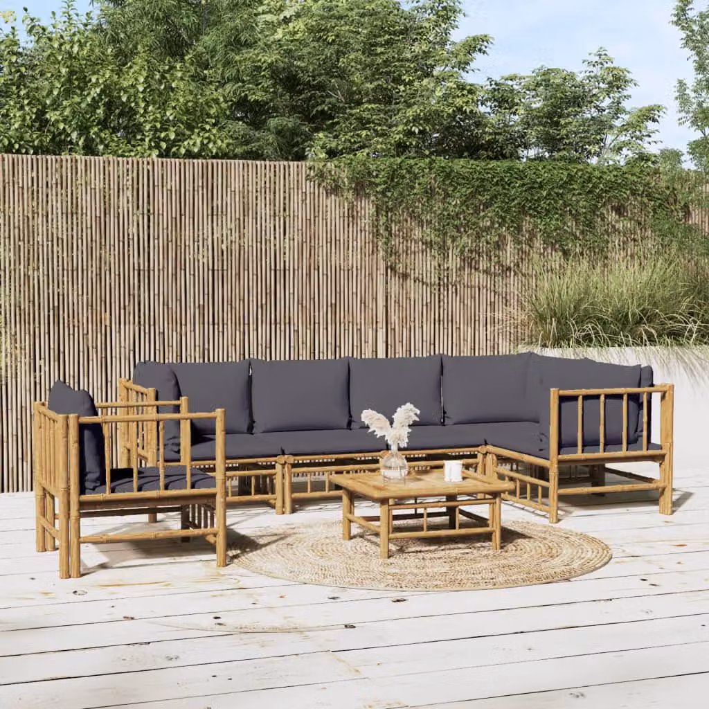 vidaXL Set Salotto da Giardino 7pz in Bambù con Cuscini Imbottiti Grigio e Marrone