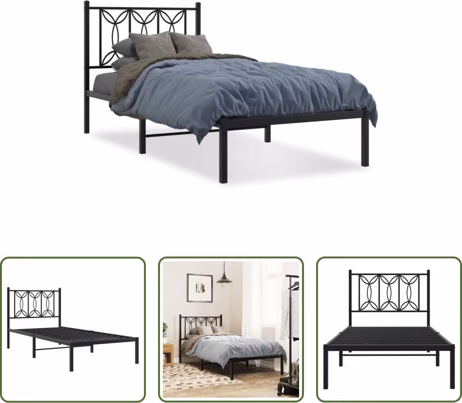 The Living Store Struttura letto con testiera in metallo nero 90x200 cm
