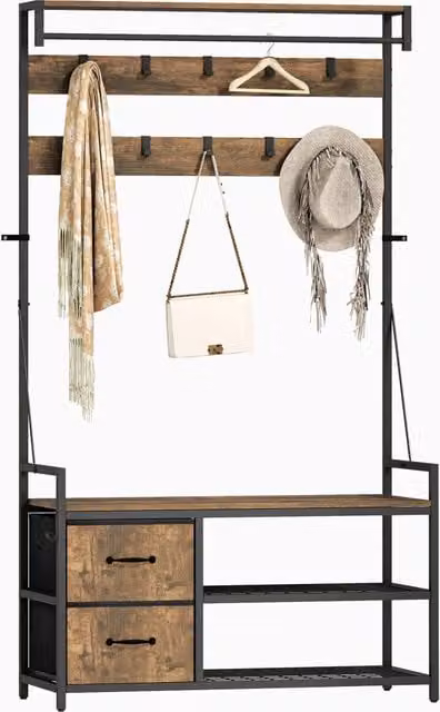 Appendiabiti con Scarpiera ¨C Xylo ¨C 10 Ganci, 2 Cassetti, Metallo Marrone, Stile Industriale