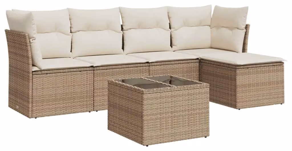 Set da salotto da esterno, 6 pezzi, color beige, in rattan sintetico – ideale per giardino e terrazza