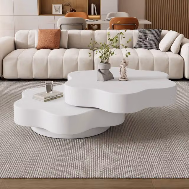 Tavolino basso fisso a forma di fiore con piano girevole a 360 gradi in MDF bianco crema 74.8 × 67.5 × 31 cm