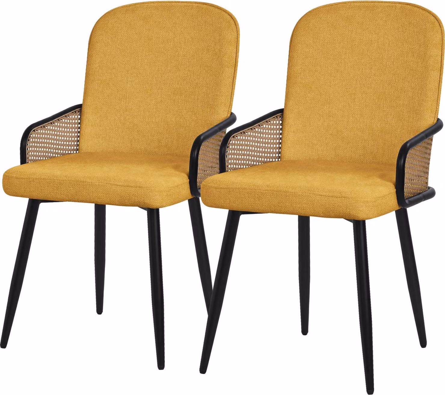 ML-Design set di 2 sedie da pranzo imbottite in tessuto senape con braccioli in rattan Sedie imbottite con gambe in metallo Poltrona ergonomica