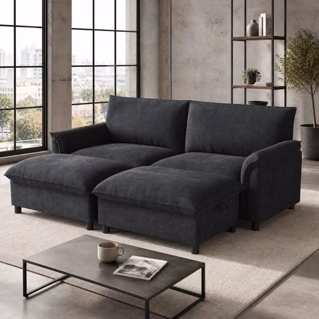 Divano Letto Moderno REDOM con Poggiapiedi Mobile in Tessuto Nero L: 216 cm, P: 77 cm, H: 82 cm – 1