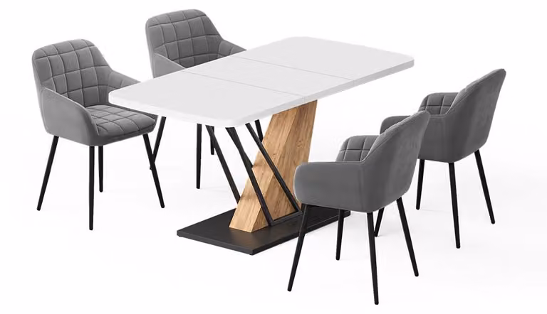 Set di tavoli da pranzo Vicco Fenaro Bianco/Rovere dorato 120 x 80 cm con 4 sedie da pranzo, Model 62769