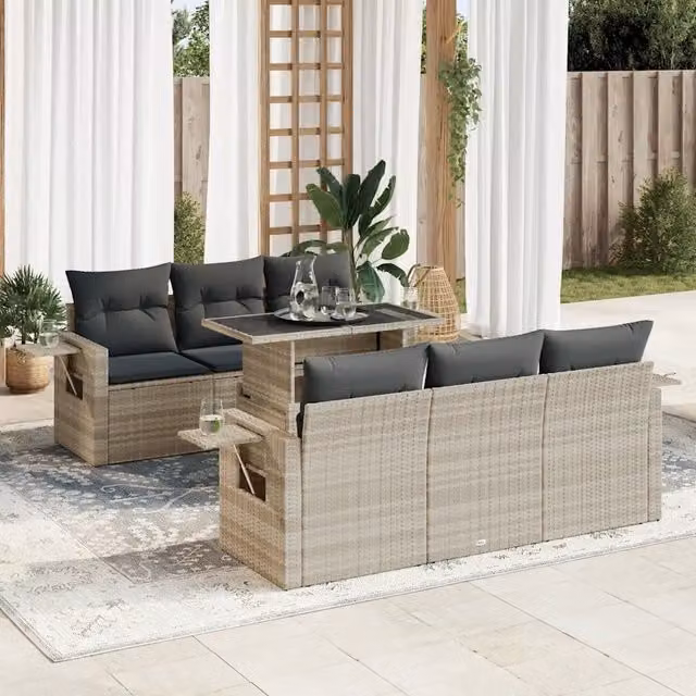 Set da giardino moderno vidaXL composto da 7 pezzi con cuscini grigi e tavolino in vetro con struttura in metallo e rattan – 1