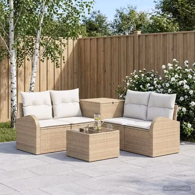 Set di mobili da giardino vidaXL composto da 6 pezzi con divano angolare, tavolino da caffè e pouf in stile moderno, colore beige e bianco