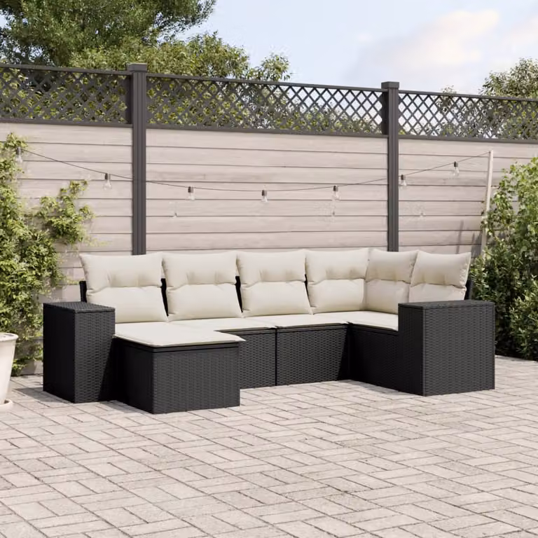 Set Divano da Giardino a L vidaXL in Polyrattan Nero con 6 Cuscini e Ottoman