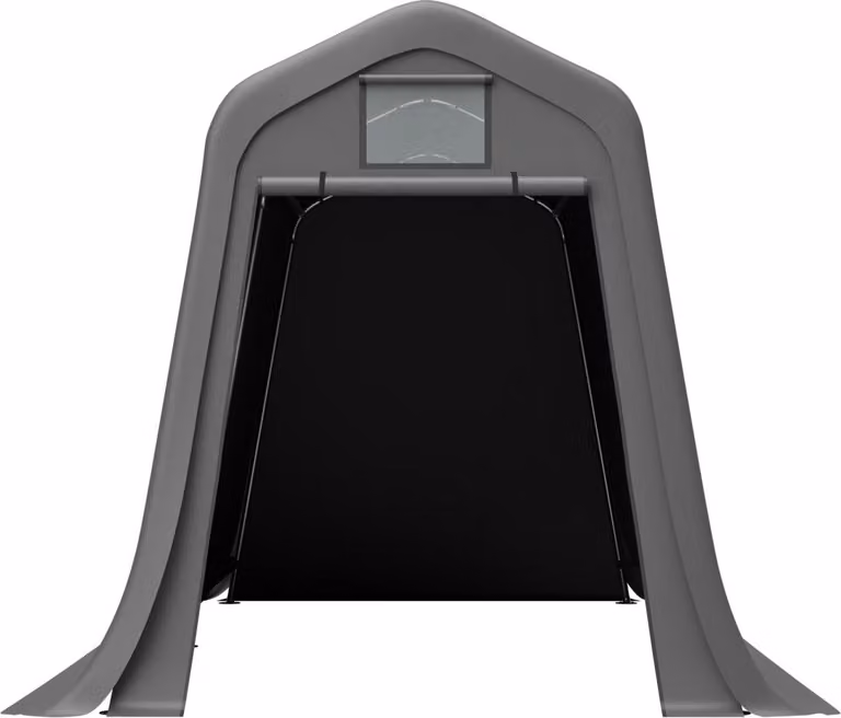 Capanno per attrezzi grigio 366x213x225 cm con tetto a punta, materiale PE impermeabile, finestra di ventilazione, resistente ai raggi UV e al vento, incl. picchetti di fissaggio al suolo