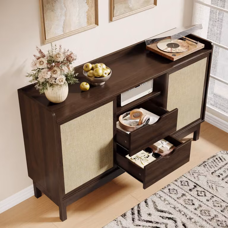 okwish Credenza Armadio da ingresso con cassetti ,Comò con ante scorrevoli,Mobile ausiliario con vano portaoggetti aperto,Mobile contenitore multifunzionale,Naturale