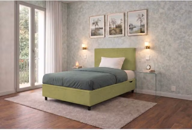 Letto imbottito Singolo 80x190 cm Flat - Contenitore,Microfibra,Tè verde