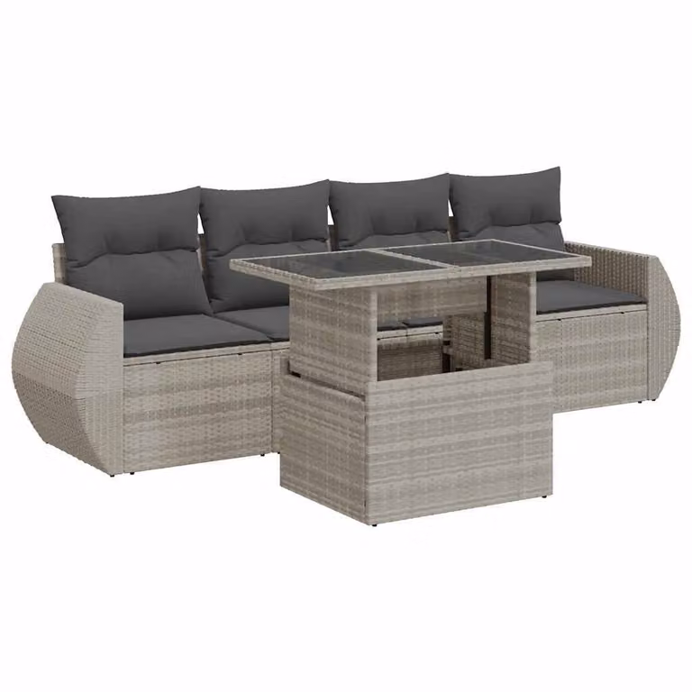 Set Divano da Giardino 5pz con Cuscini Grigio Chiaro Polyrattan