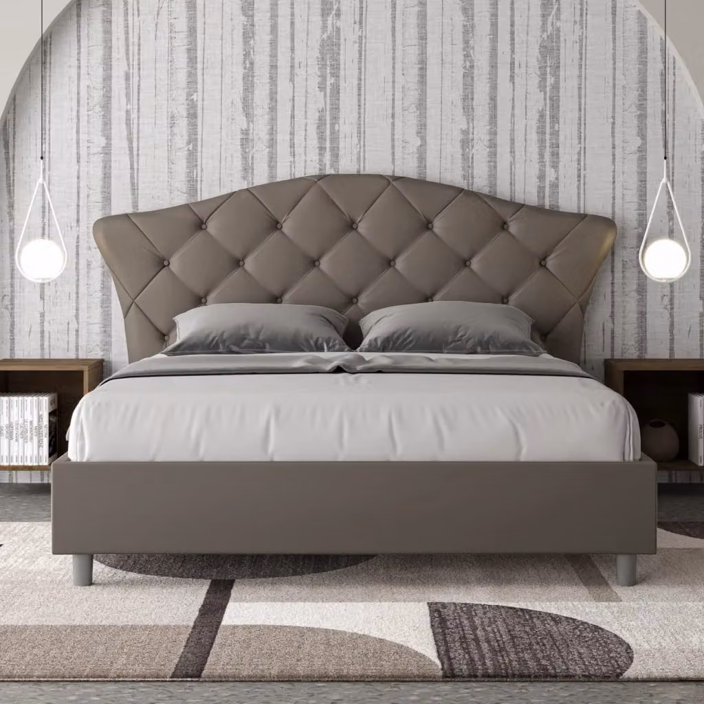 Letto Matrimoniale Langre Giordanoshop con Contenitore e Testata Imbottita in Similpelle Beige L/P/H: 160 x 190 x 135 cm – 2