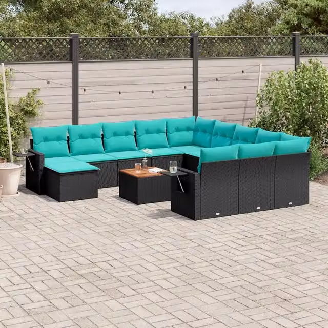 Set di Divani da Giardino vidaXL in Polyrattan Nero con Cuscini e Tavolino da 13 Pezzi