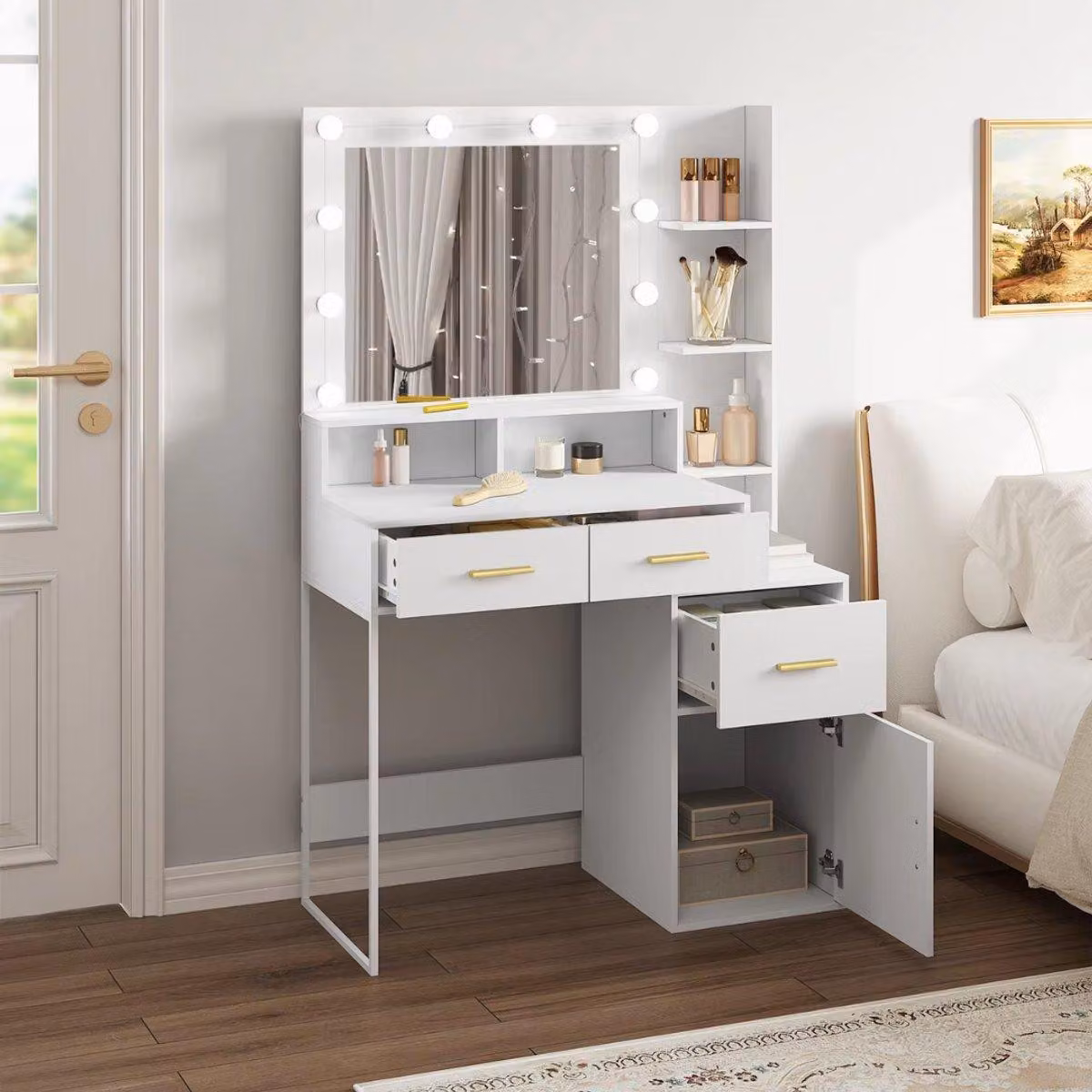 Tavolo da trucco bianco con illuminazione a LED - Specchio per il trucco con luminosità regolabile 90×143×39,5 cm - Tavolo cosmetico per donne e ragazze