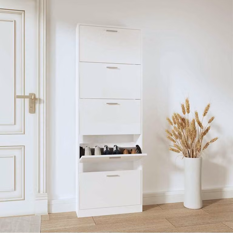 Scarpiera moderna vidaXL Bianco Lucido in legno e MDF, sospesa a parete, L: 59 cm, P: 17 cm, H: 169 cm