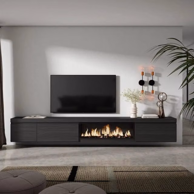 Mobile TV Soggiorno, 317x35x45cm, Camino elettrico XXL, da appendere, Nero RF3673