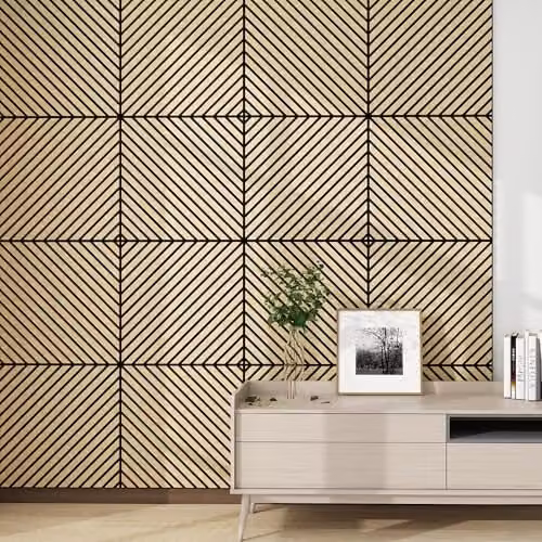 NEU.HOLZ Set di 8 Pannelli Murali 3D Fonoassorbenti 60x60 cm a Listelli Diagonali per Pareti Soffitti Moduli Decorativi Copertura 2,88 m² - Effetto Rovere Chiaro