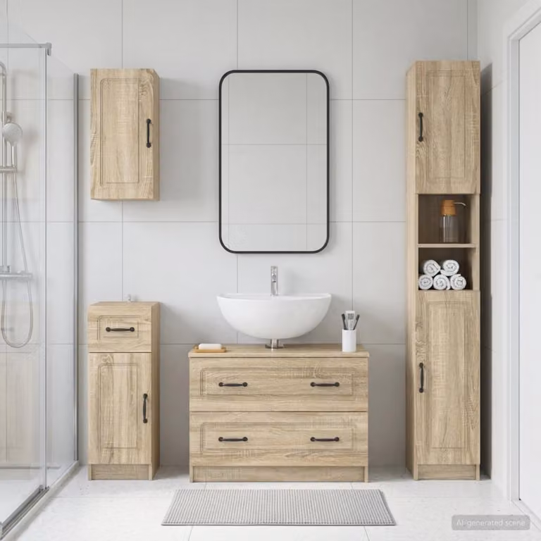 Set di mobili da bagno moderno vidaXL UTRECHT composto da 4 pezzi in legno color marrone con vanità e pensili a muro