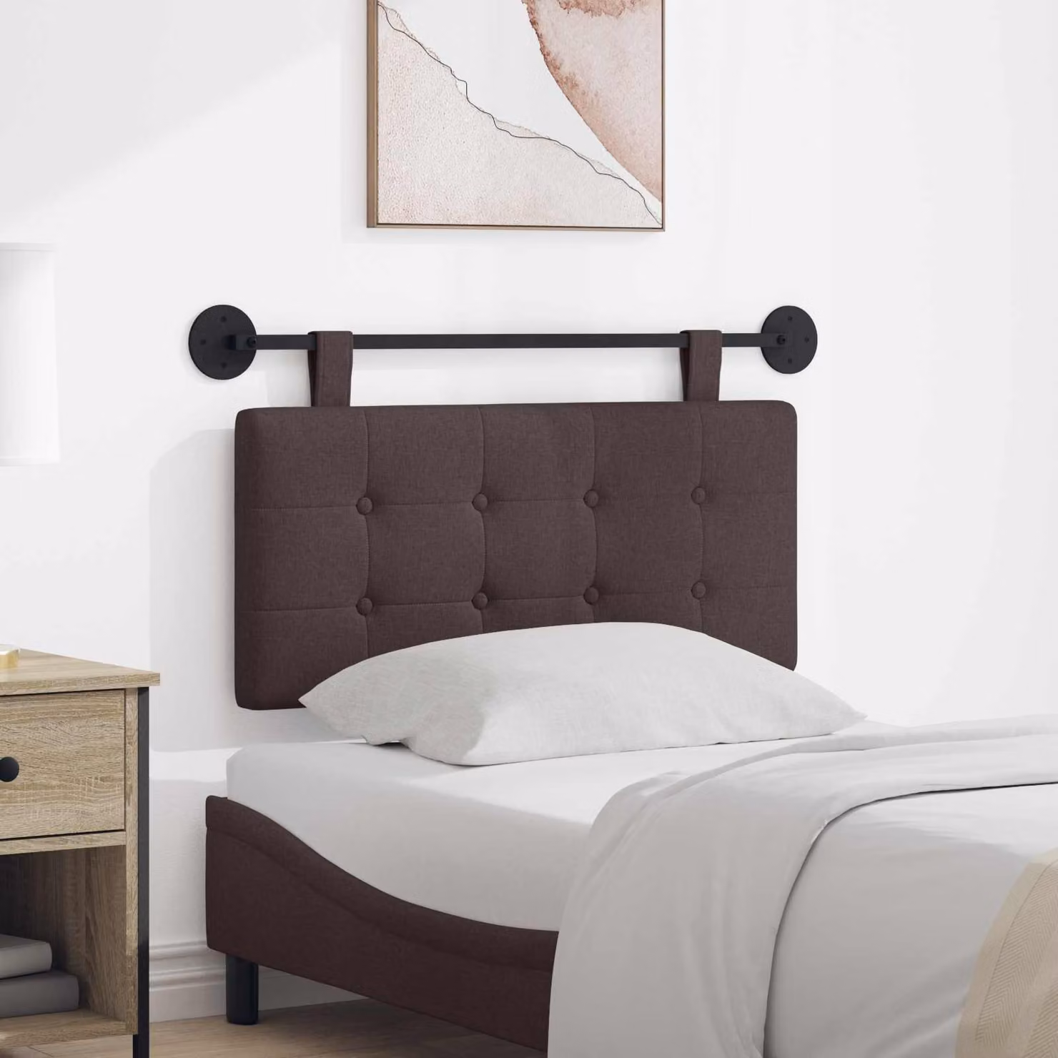 Testiera del letto sospesa vidaXL in tessuto marrone con pannello imbottito e struttura in legno e metallo L: 100 cm, H: 55 cm, P: 5 cm