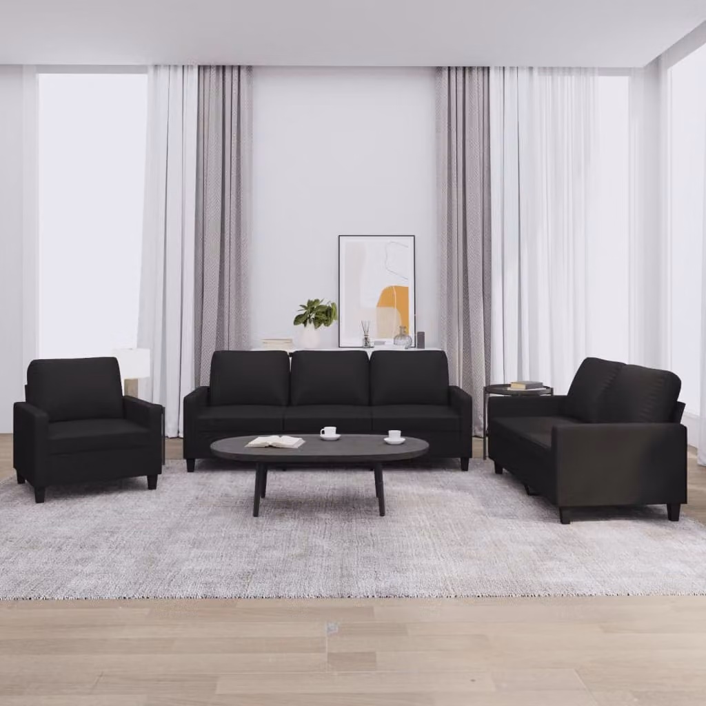 Set di divani 3 pezzi vidaXL in similpelle nera con cuscini per soggiorno moderno – 1