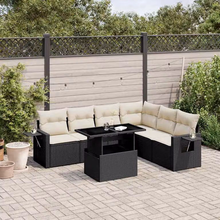 Set Divani da Giardino a L vidaXL in Polyrattan Nero con 7 Cuscini e Tavolino da Esterno