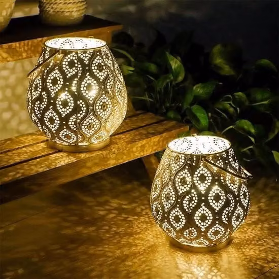 Set di Lampade Decorative Marocchine in Metallo Oro/Ottone con Luci Fairy, Alimentate a Batteria, Altezza: 26 cm