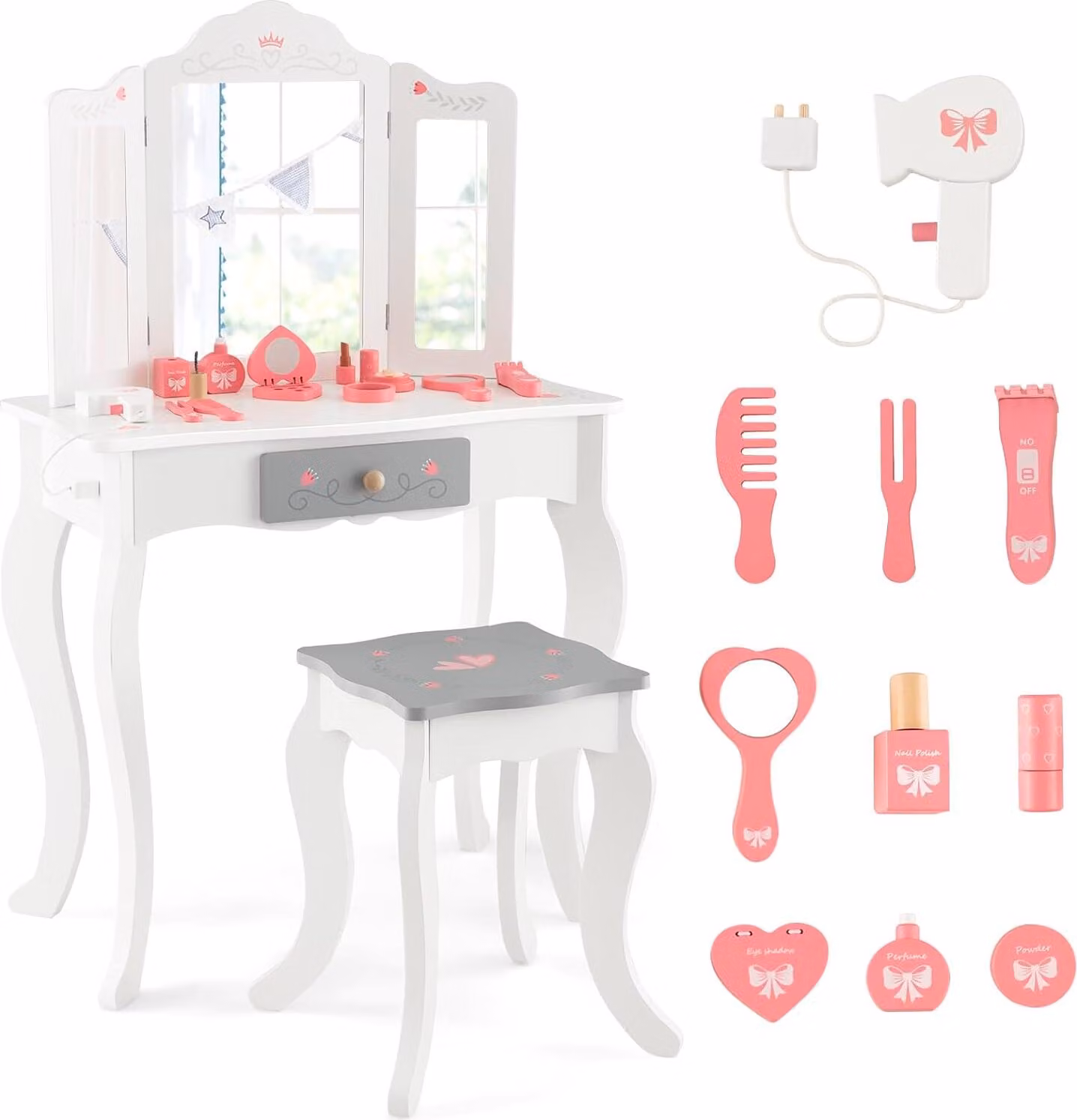 COSTWAY 2 in 1 tavolo da toeletta per bambini con sgabello, tavolo da toeletta da principessa con specchio pieghevole rimovibile a 3 ante, cassetto e 10 accessori, tavolo da trucco per il make-up per bambini e bambine, bianco