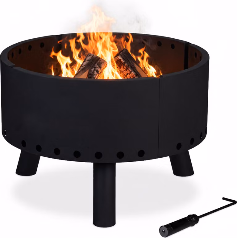 Relaxdays Braciere, schermo termico, attizzatoio, bordo alto per la protezione dalle fiamme, braciere, A x P: 40,5 x 58,5 cm, nero