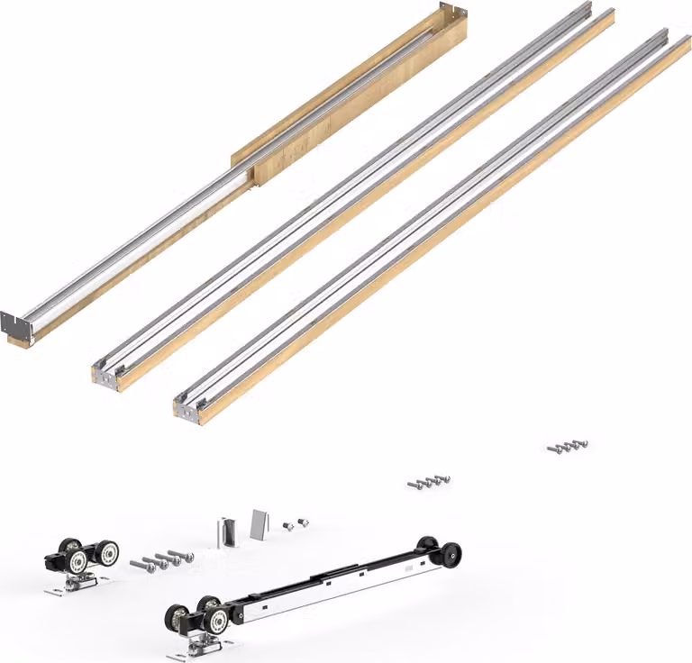 Set di telai per porte scorrevoli SucceBuy per porte larghe 610-914 mm e alte 2032 mm, sistema di porte scorrevoli in acciaio zincato e legno con funzione soft-close a due vie e funzionamento silenzioso, ideale per il soggiorno
