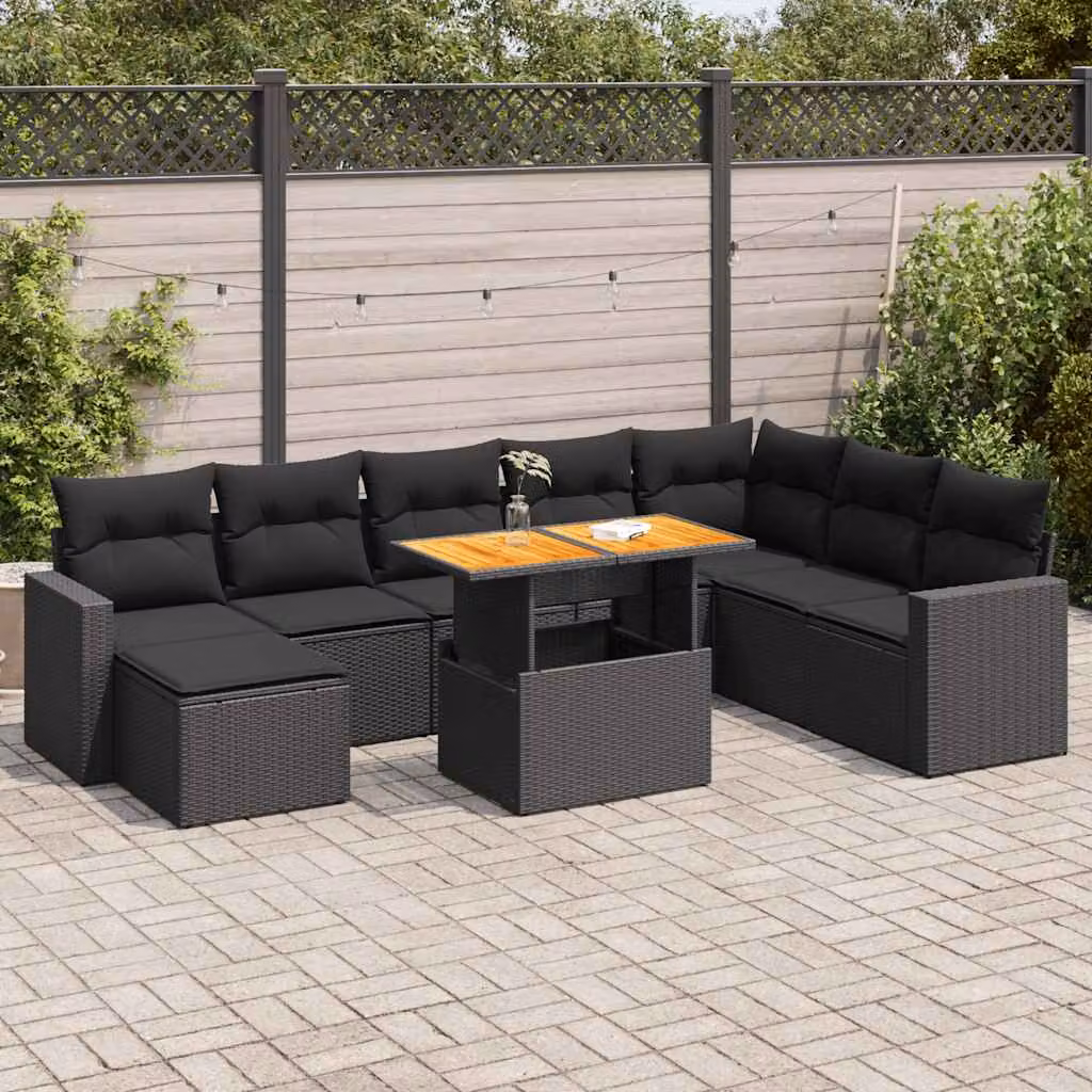 Set Divani da Giardino vidaXL 9 pz in Polyrattan e Legno di Acacia con Cuscini Nero