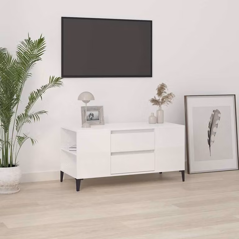 vidaXL Mobile Porta TV Bianco Lucido in Legno e Metallo L: 102 cm, P: 44,5 cm, H: 50 cm