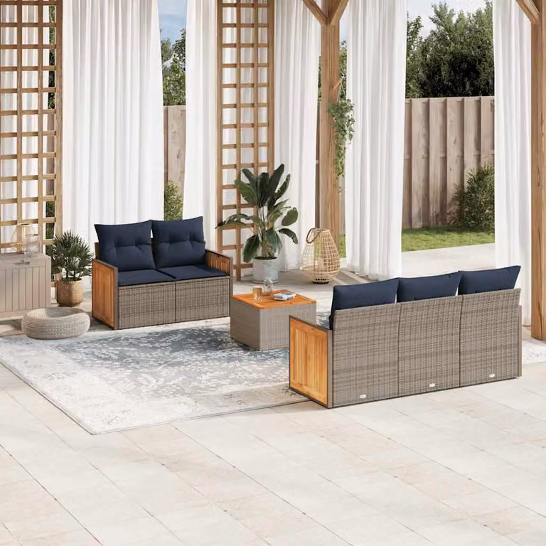 Set da giardino vidaXL in polyrattan grigio composto da 6 pezzi con cuscini e tavolino da esterno