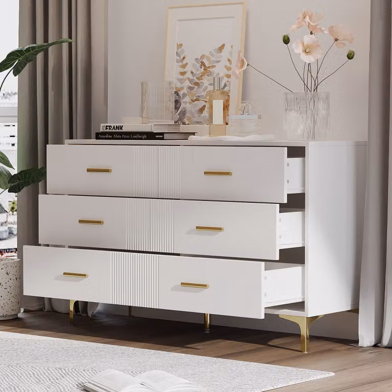 okwish Mobile da cucina con gambe dorate, cassettiera con 6 cassetti, mobile da cucina per soggiorno e camera da letto, bianco