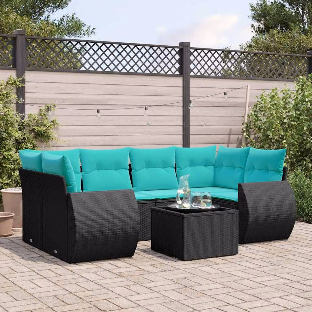 Set di divani da giardino vidaXL in polyrattan nero con cuscini e tavolino da esterno a forma di L