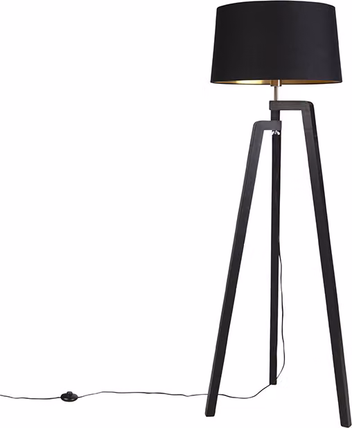 Lampada da terra con stelo e paralume in cotone, nero con dettagli dorati, 50 cm, Puros