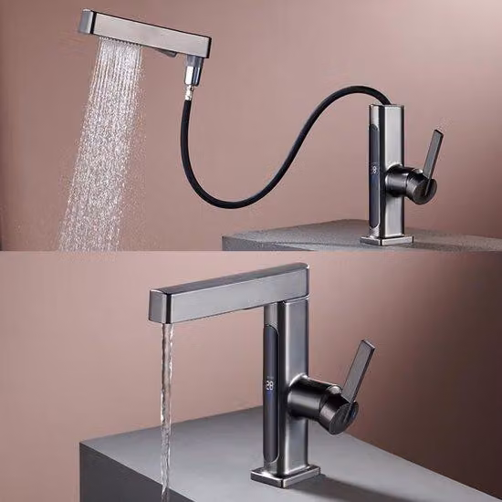 Rubinetteria da bagno grigia con doccetta estraibile, display LED della temperatura, rotazione a 360 gradi, 2 funzioni di getto d'acqua, miscelatore monocomando per lavabo da bagno