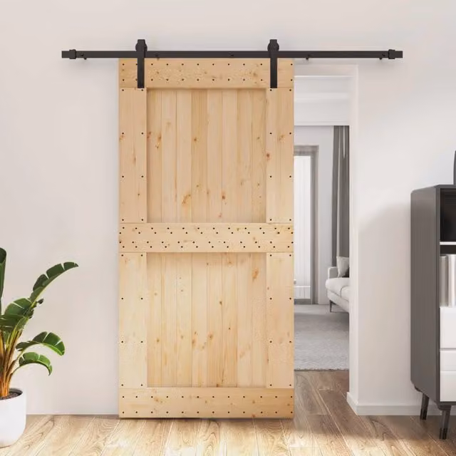 Porta scorrevole moderna vidaXL in legno e acciaio, colore naturale e nero, L: 200 cm, H: 210 cm