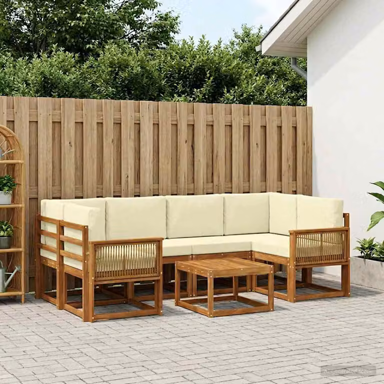 vidaXL Set di divani da esterno a L con tavolo da caffè 7 pz in legno di acacia, beige, bianco e marrone