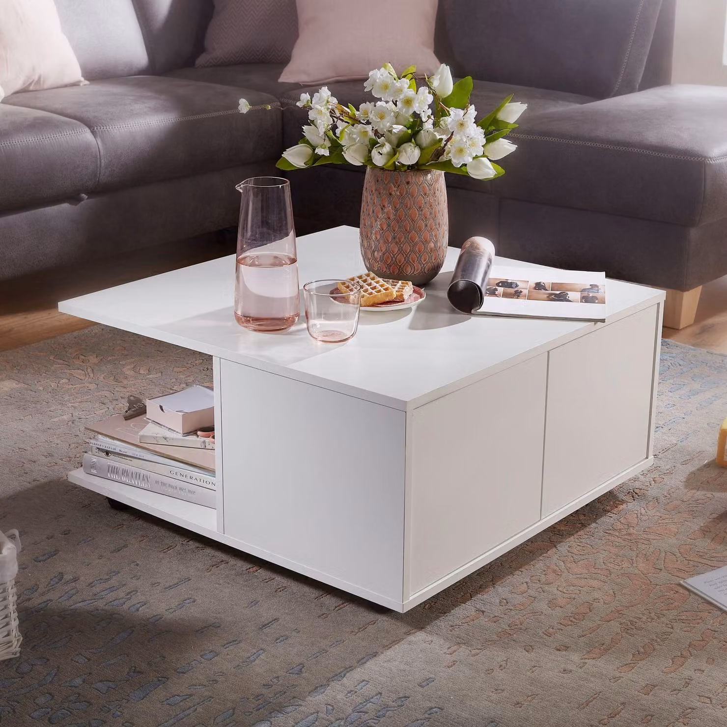 Tavolino da salotto FineBuy Design bianco 70x70 cm con 2 cassetti; tavolino da divano con rotelle; tavolino con 2 scomparti