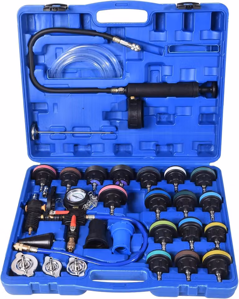 Kit di test per sistemi di raffreddamento, composto da 28 elementi, universale, include un tester per il vuoto e strumenti per il riempimento, adatto per automobili