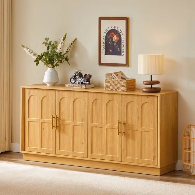 Madia con ante curve; ripiani regolabili; maniglie in metallo; MDF effetto legno; naturale; lunga 169 cm