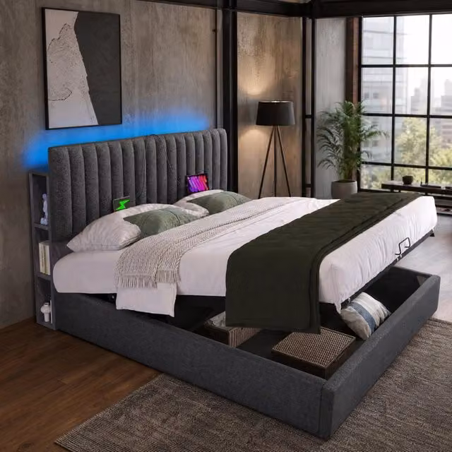 Letto imbottito 140x200 cm grigio con materasso, LED app, ricarica USB-C e vano contenitore