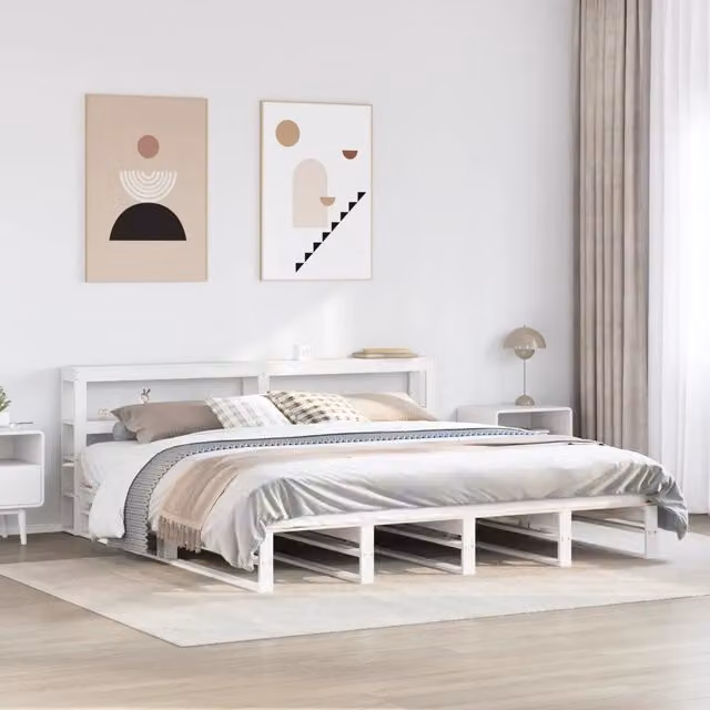 Giroletto con Testiera Bianco 200x200 cm Legno Massello di Pino 3306508
