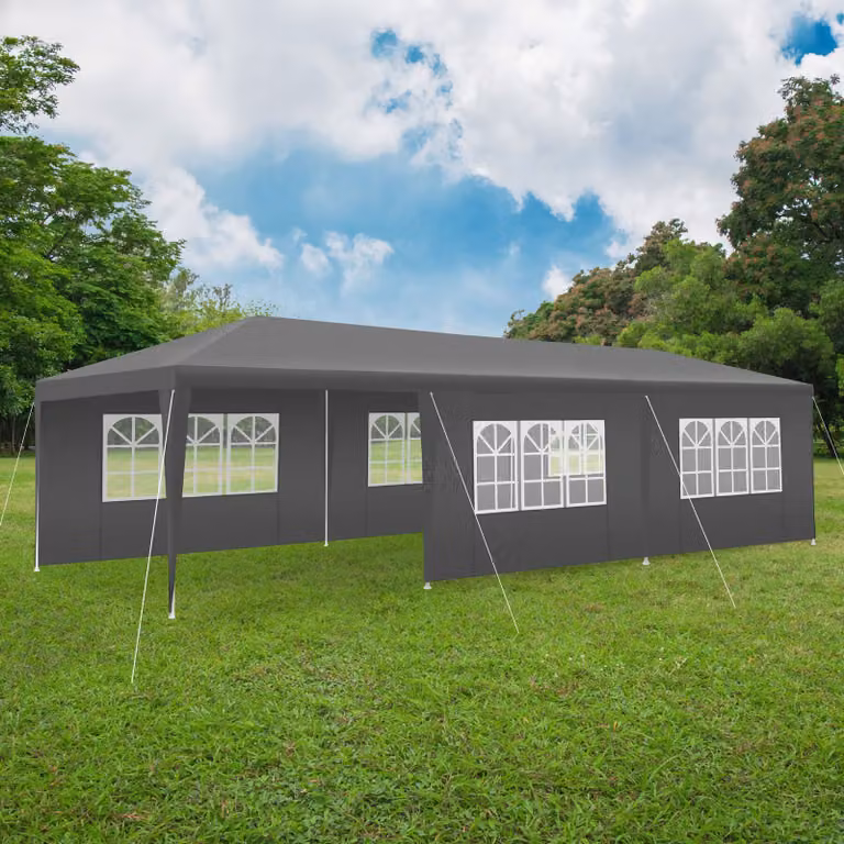Gazebo Tectake Miramas con 8 pareti laterali e finestre, impermeabile e con protezione UPF 50+, L: 900 cm, P: 300 cm, H: 250 cm, grigio